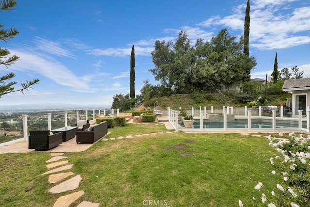 view of yard with an outdoor hangout area, a patio, and an outdoor pool
