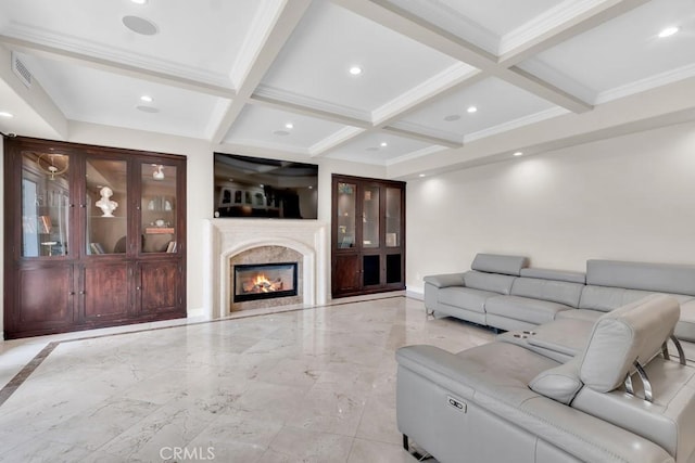 living room featuring beam ceiling, recessed lighting, a high end fireplace, visible vents, and coffered ceiling