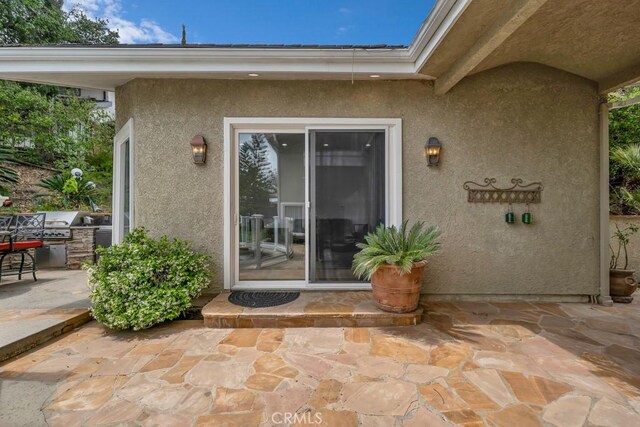 doorway to property featuring a patio, stucco siding, and an outdoor kitchen