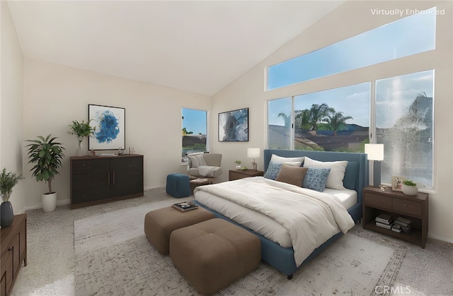 carpeted bedroom featuring high vaulted ceiling