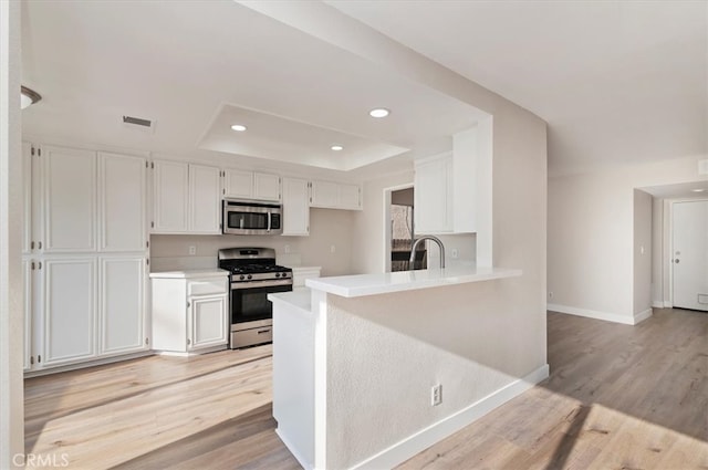 kitchen featuring white cabinetry, baseboards, appliances with stainless steel finishes, and light wood-type flooring