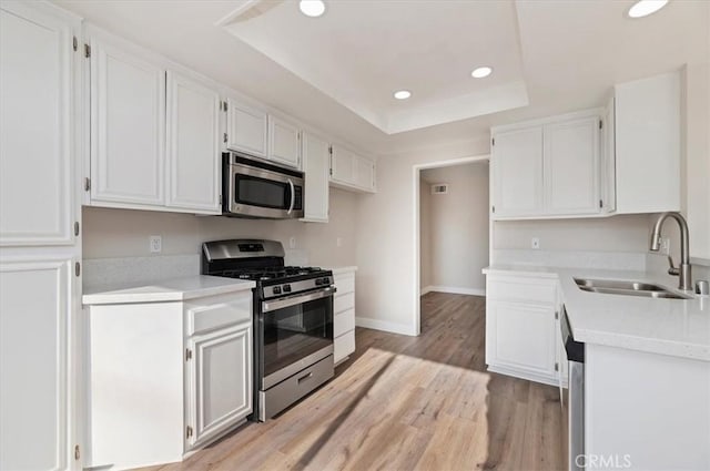 kitchen with appliances with stainless steel finishes, a sink, recessed lighting, light wood-type flooring, and a tray ceiling