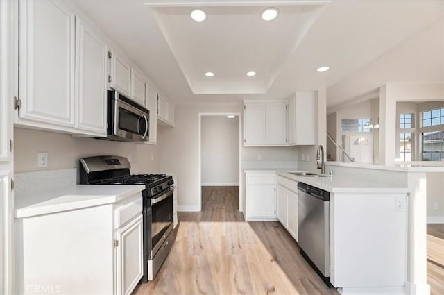 kitchen with appliances with stainless steel finishes, a sink, a peninsula, a tray ceiling, and light wood-style flooring