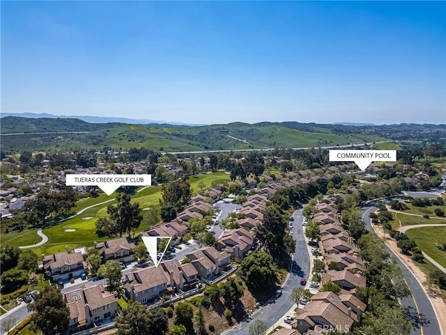 drone / aerial view with a residential view and a mountain view