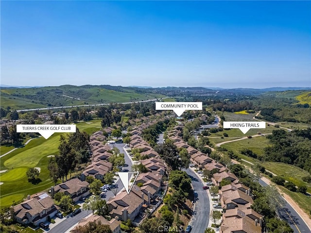 birds eye view of property featuring a mountain view, golf course view, and a residential view