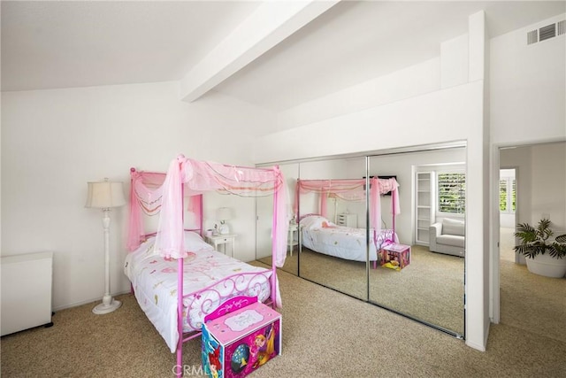 bedroom with carpet floors, lofted ceiling with beams, and visible vents