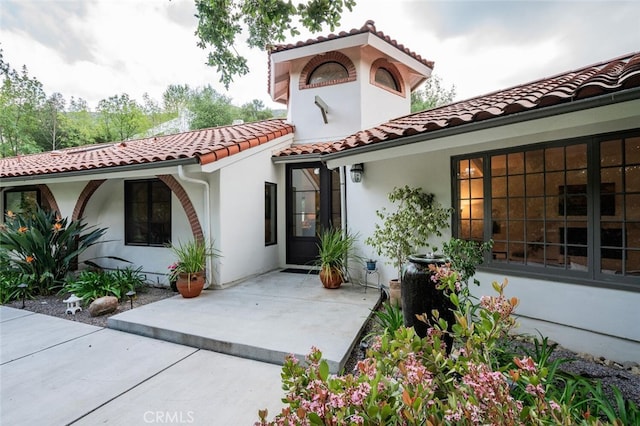 rear view of property with a patio, a tile roof, and stucco siding