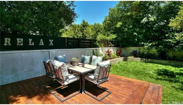 wooden deck featuring a fenced backyard and a lawn