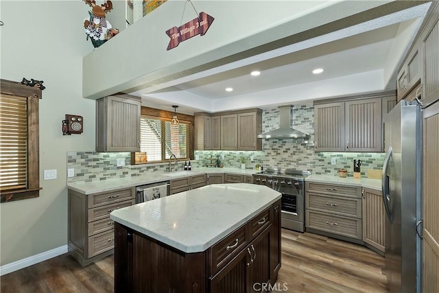 kitchen featuring wall chimney range hood, a tray ceiling, a sink, dark wood finished floors, and appliances with stainless steel finishes