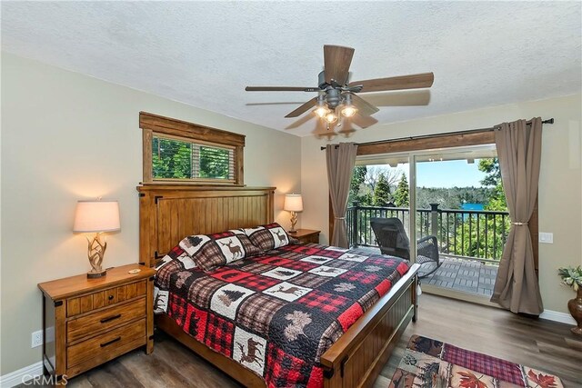 28844 Cedar Dr, Lake Arrowhead, CA 92352 - bedroom with access to exterior, wood finished floors, a textured ceiling, and ceiling fan