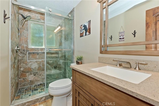 full bathroom featuring vanity, a stall shower, and toilet