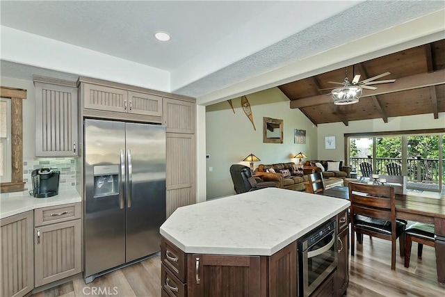 28844 Cedar Dr, Lake Arrowhead, CA 92352 - kitchen featuring stainless steel appliances, light wood finished floors, light countertops, a ceiling fan, and recessed lighting
