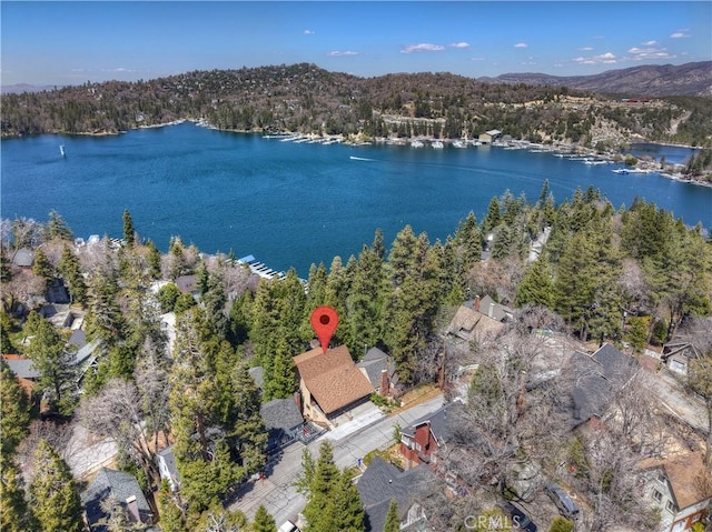28844 Cedar Dr, Lake Arrowhead, CA 92352 - aerial view of property and surrounding area featuring a nearby body of water and a heavily wooded area