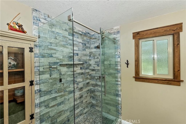 28844 Cedar Dr, Lake Arrowhead, CA 92352 - bathroom featuring a shower stall and a textured ceiling