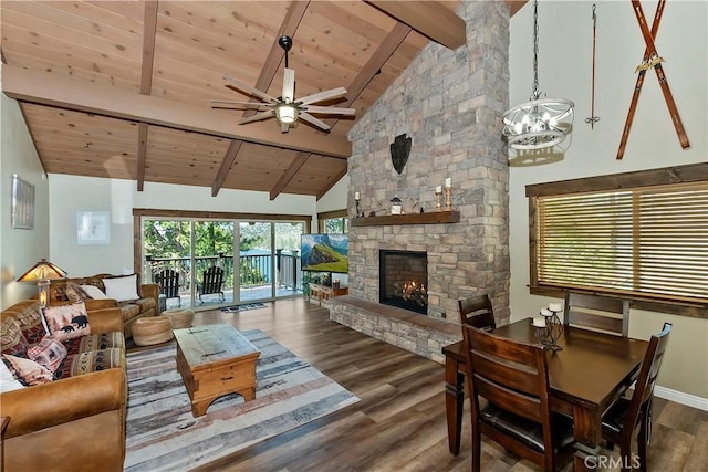 living area with beam ceiling, wooden ceiling, wood finished floors, and ceiling fan with notable chandelier