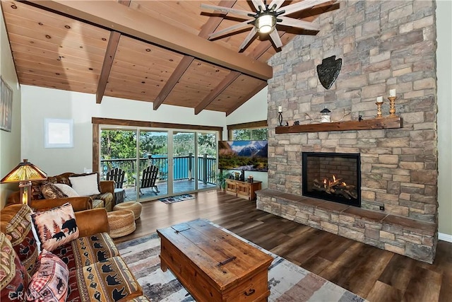 28844 Cedar Dr, Lake Arrowhead, CA 92352 - living room featuring wood finished floors, wooden ceiling, a stone fireplace, ceiling fan, and healthy amount of natural light
