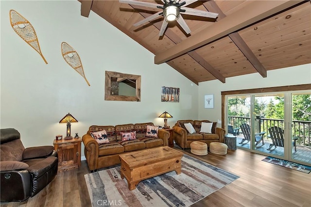 28844 Cedar Dr, Lake Arrowhead, CA 92352 - living area with wood finished floors, a ceiling fan, a wood ceiling with exposed beams, and high vaulted ceiling