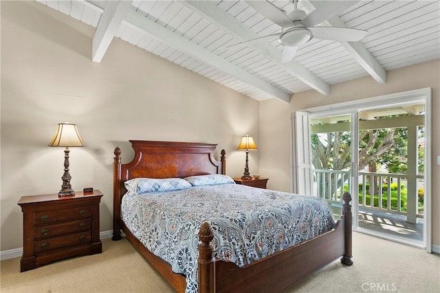 bedroom featuring carpet floors, access to outside, and beam ceiling