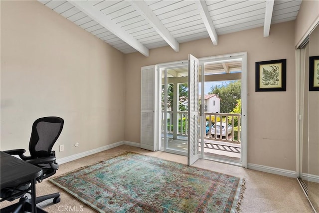 carpeted office featuring baseboards, wood ceiling, and beamed ceiling