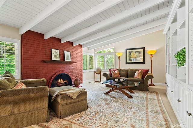 carpeted living area featuring baseboards, wooden ceiling, a wealth of natural light, and a fireplace