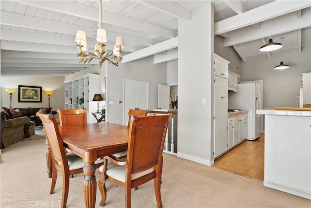 dining area featuring light colored carpet, wooden ceiling, baseboards, a chandelier, and vaulted ceiling with beams