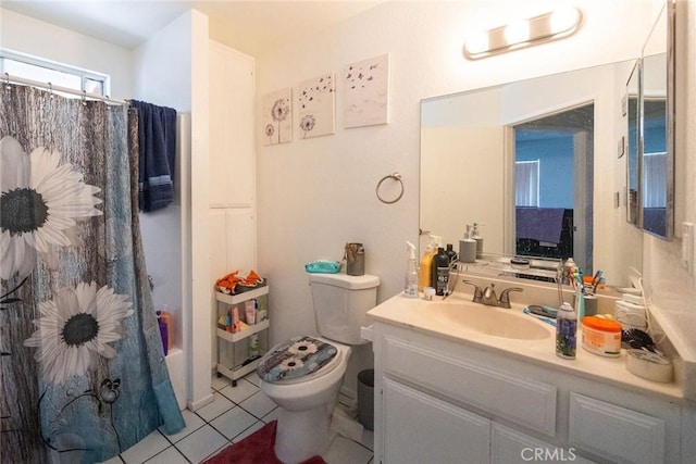 bathroom with tile patterned flooring, shower / bath combination with curtain, toilet, and vanity