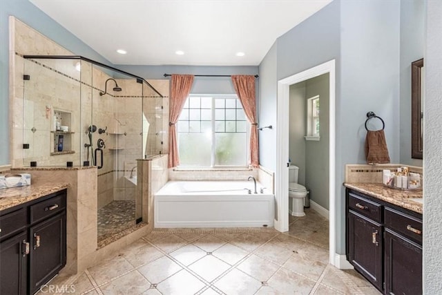 3065 Tierra Mesa, Atascadero, CA 93422 - full bathroom featuring a stall shower, vanity, toilet, a bath, and recessed lighting