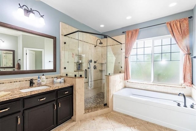 3065 Tierra Mesa, Atascadero, CA 93422 - full bathroom featuring a bath, a shower stall, vanity, tile patterned floors, and recessed lighting