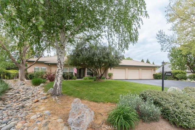 3065 Tierra Mesa, Atascadero, CA 93422 - view of property hidden behind natural elements with a garage, driveway, stucco siding, and a front lawn