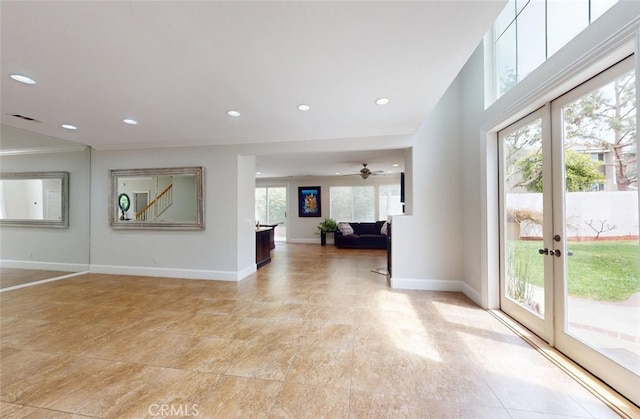 interior space featuring ceiling fan, french doors, recessed lighting, baseboards, and visible vents