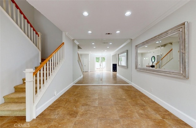 hall with recessed lighting, ornamental molding, baseboards, and stairway