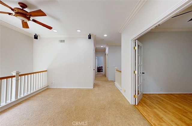 18672 Park Meadow Ln, Huntington Beach, CA 92648 - corridor featuring baseboards, recessed lighting, ornamental molding, and visible vents