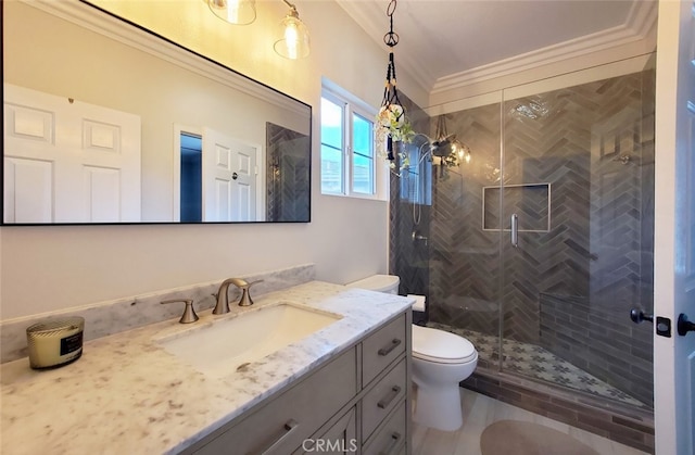 full bath with toilet, ornamental molding, a shower stall, and vanity