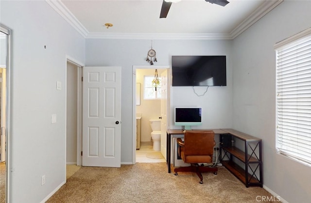 living area with ceiling fan, ornamental molding, and carpet