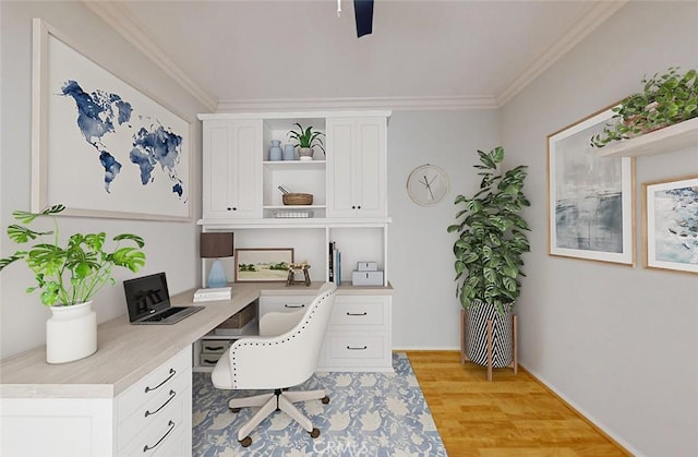 18672 Park Meadow Ln, Huntington Beach, CA 92648 - home office featuring crown molding, built in study area, ceiling fan, and light wood-style floors