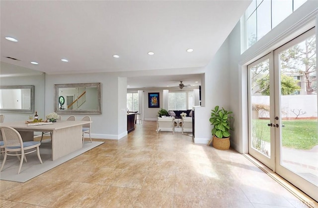 18672 Park Meadow Ln, Huntington Beach, CA 92648 - foyer featuring french doors, visible vents, recessed lighting, ceiling fan, and baseboards