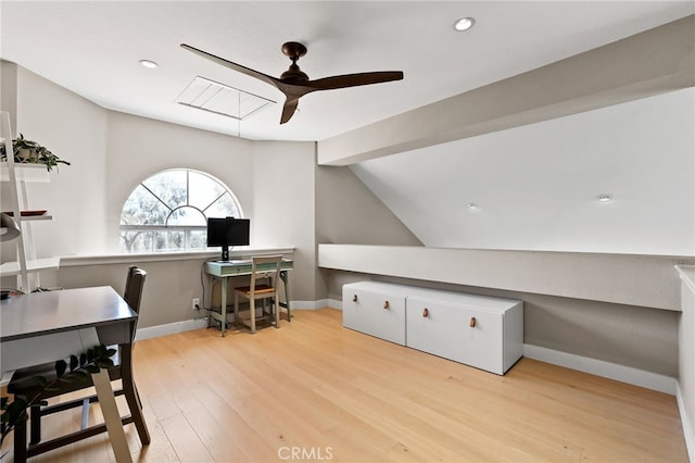 office with ceiling fan, wood finished floors, baseboards, lofted ceiling, and recessed lighting