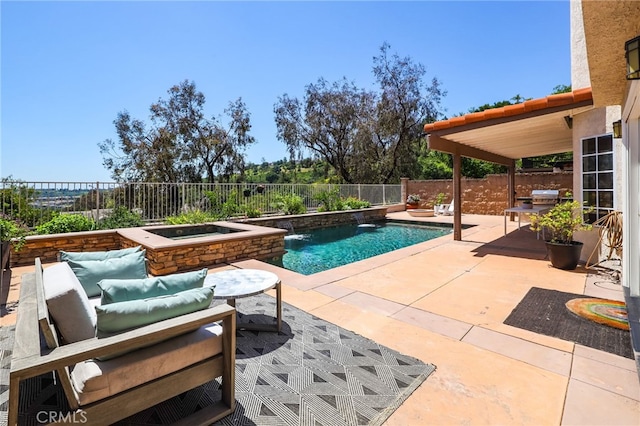 view of swimming pool featuring a patio, a fenced backyard, an in ground hot tub, and a fenced in pool