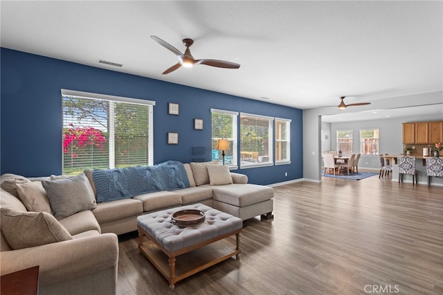 32701 Juniper Berry Dr, Winchester, CA 92596 - living area with a ceiling fan, wood finished floors, healthy amount of natural light, and baseboards