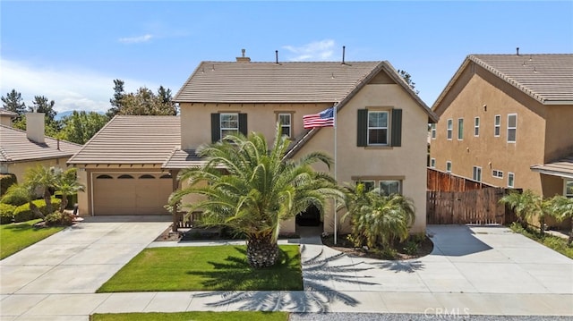 32701 Juniper Berry Dr, Winchester, CA 92596 - view of front facade with concrete driveway, stucco siding, a chimney, a tile roof, and an attached garage