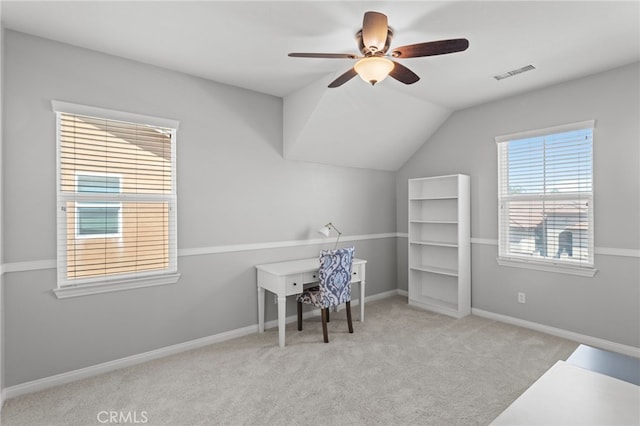 32701 Juniper Berry Dr, Winchester, CA 92596 - office area featuring a ceiling fan, carpet, lofted ceiling, and baseboards