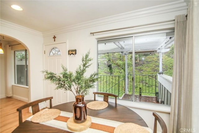sunroom / solarium featuring arched walkways and plenty of natural light