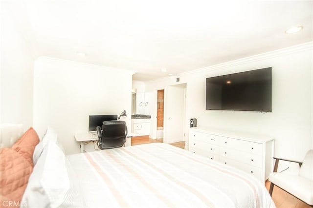 25957 Via Pera Unit C4, Mission Viejo, CA 92691 - bedroom with ornamental molding, light wood finished floors, recessed lighting, and visible vents