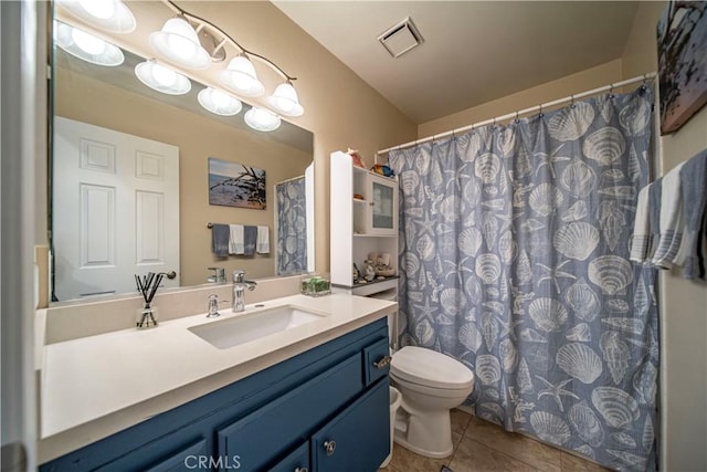 full bath with toilet, tile patterned floors, visible vents, and vanity