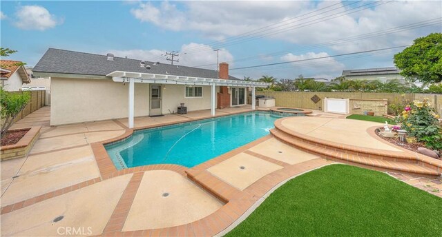 view of pool with a pergola, a fenced backyard, a patio, and a pool with connected hot tub