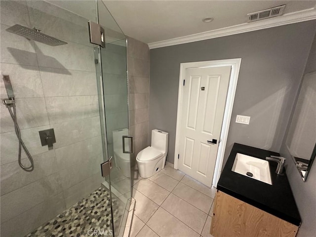 bathroom featuring visible vents, crown molding, tile patterned flooring, a stall shower, and vanity