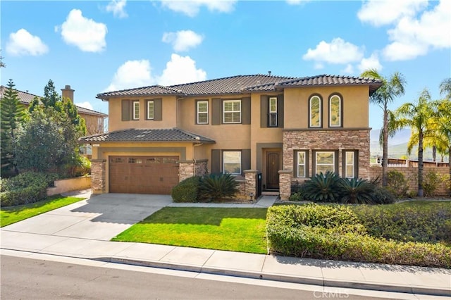 mediterranean / spanish-style home with concrete driveway, stucco siding, an attached garage, and stone siding