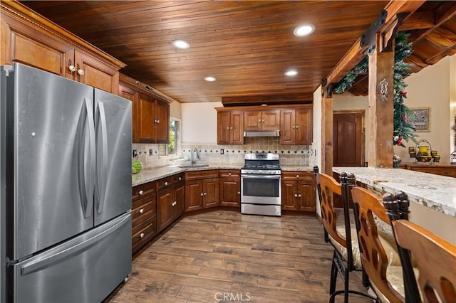 kitchen with dark wood-style flooring, recessed lighting, wood ceiling, under cabinet range hood, and stainless steel appliances
