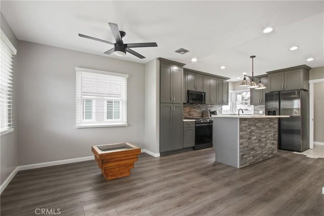 8165 Shadyside Ave, Whittier, CA 90606 - kitchen with stainless steel appliances, baseboards, gray cabinetry, ceiling fan, and recessed lighting