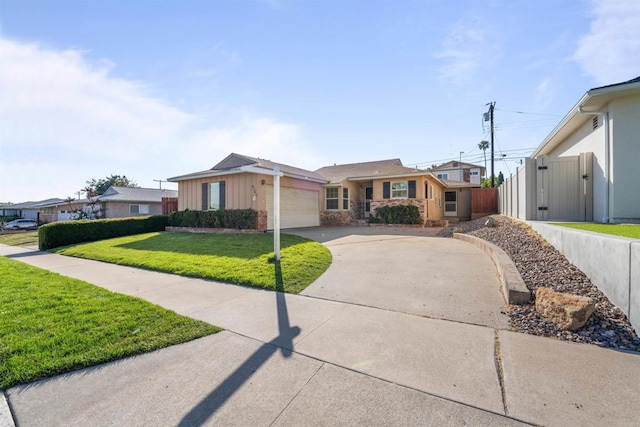 ranch-style home with driveway, a front yard, a gate, fence, and an attached garage